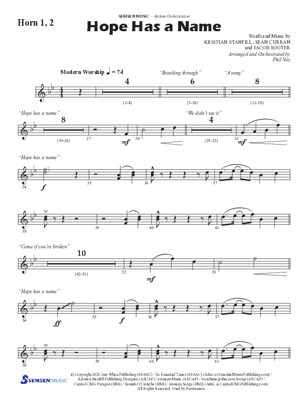 Hope Has A Name (Choral Anthem SATB) French Horn 1/2 (Semsen Music / Arr. Phil Nitz)
