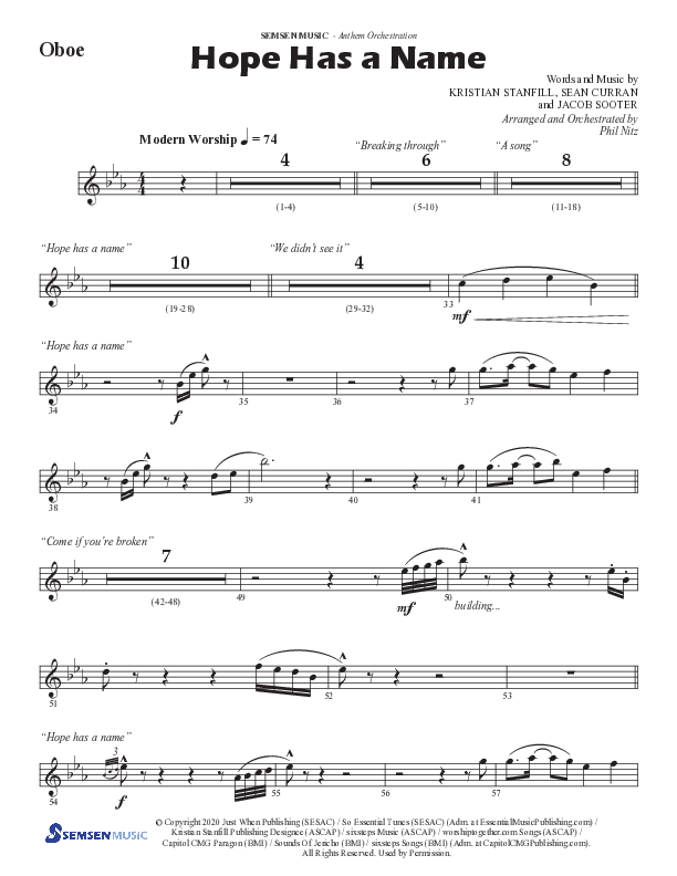 Hope Has A Name (Choral Anthem SATB) Oboe (Semsen Music / Arr. Phil Nitz)