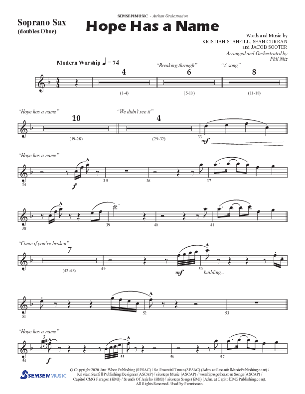 Hope Has A Name (Choral Anthem SATB) Soprano Sax (Semsen Music / Arr. Phil Nitz)