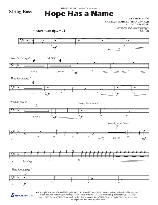 Hope Has A Name (Choral Anthem SATB) String Bass (Semsen Music / Arr. Phil Nitz)