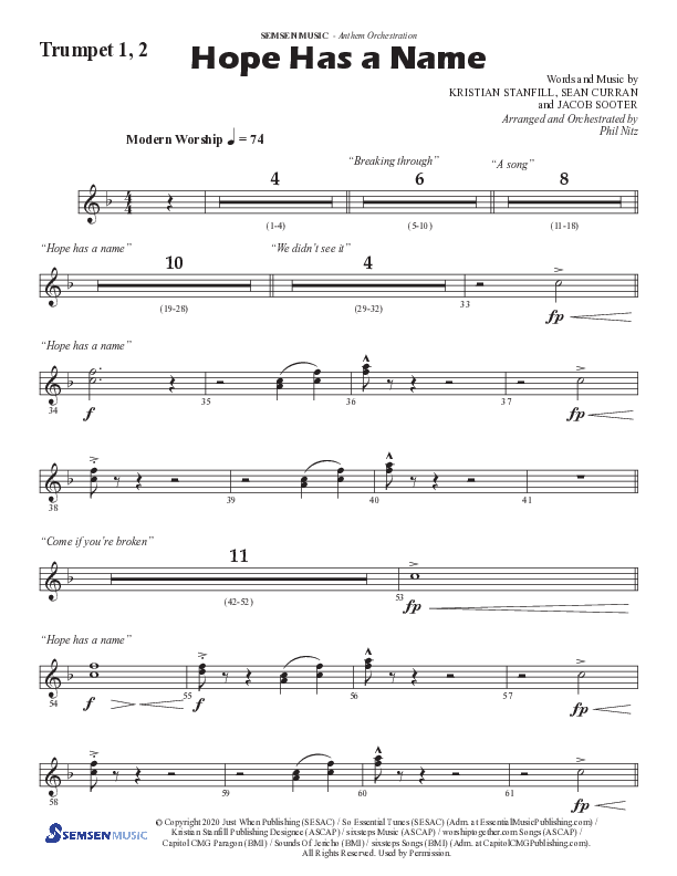 Hope Has A Name (Choral Anthem SATB) Trumpet 1,2 (Semsen Music / Arr. Phil Nitz)