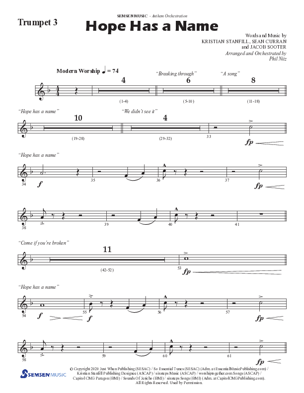 Hope Has A Name (Choral Anthem SATB) Trumpet 3 (Semsen Music / Arr. Phil Nitz)