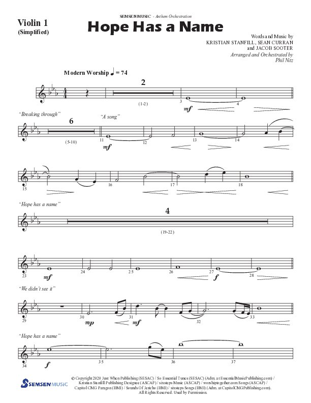 Hope Has A Name (Choral Anthem SATB) Violin 1 (Semsen Music / Arr. Phil Nitz)