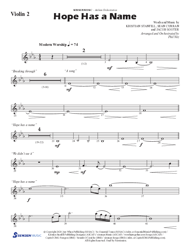 Hope Has A Name (Choral Anthem SATB) Violin 2 (Semsen Music / Arr. Phil Nitz)