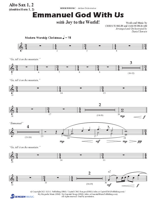 Emmanuel God With Us with Joy To The World (Choral Anthem SATB) Alto Sax 1/2 (Semsen Music / Arr. Daniel Semsen)