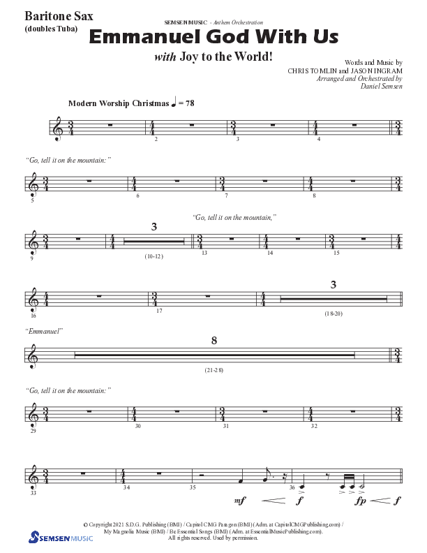Emmanuel God With Us with Joy To The World (Choral Anthem SATB) Bari Sax (Semsen Music / Arr. Daniel Semsen)