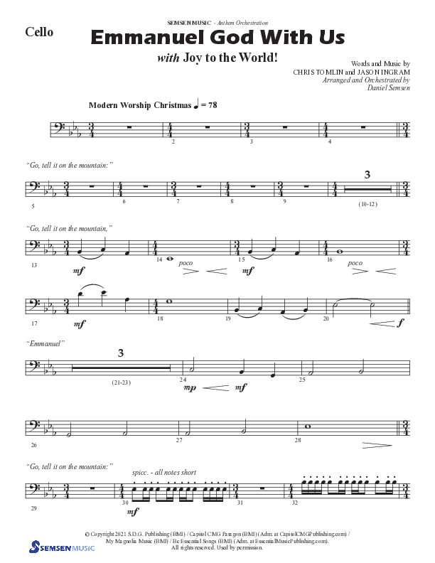 Emmanuel God With Us with Joy To The World (Choral Anthem SATB) Cello (Semsen Music / Arr. Daniel Semsen)