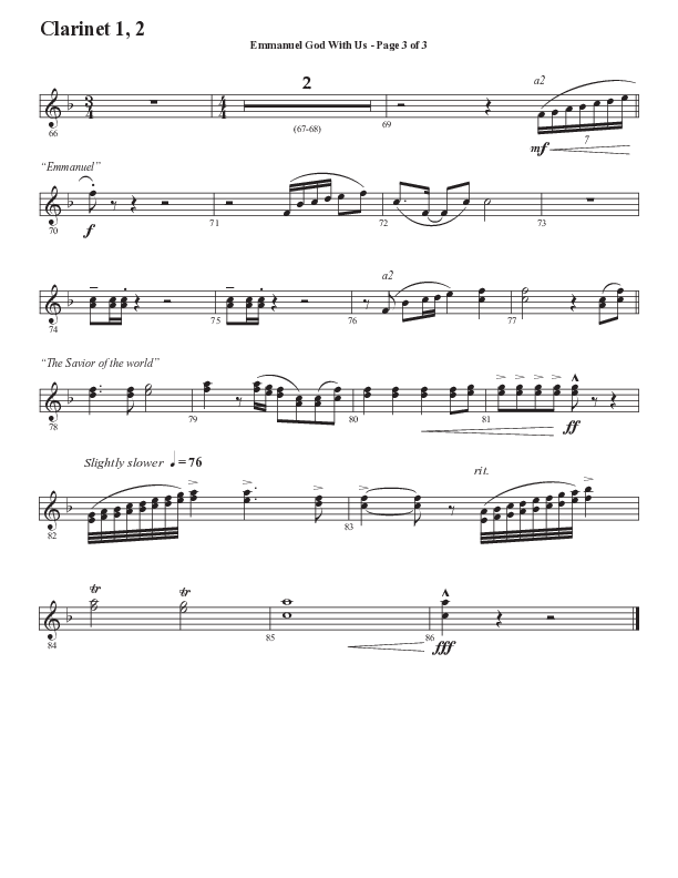Emmanuel God With Us with Joy To The World (Choral Anthem SATB) Clarinet 1/2 (Semsen Music / Arr. Daniel Semsen)