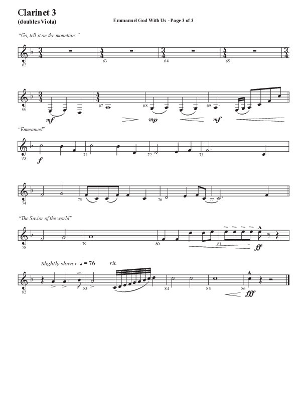 Emmanuel God With Us with Joy To The World (Choral Anthem SATB) Clarinet 3 (Semsen Music / Arr. Daniel Semsen)