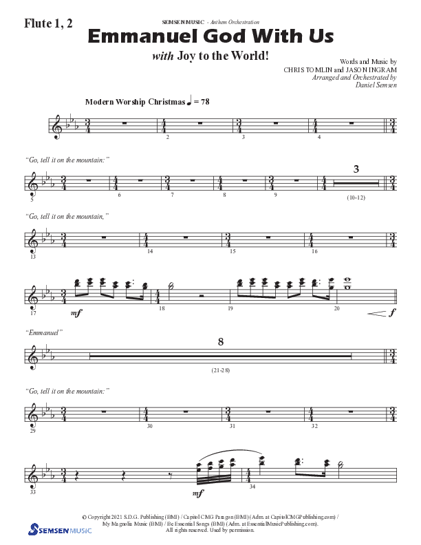 Emmanuel God With Us with Joy To The World (Choral Anthem SATB) Flute 1/2 (Semsen Music / Arr. Daniel Semsen)