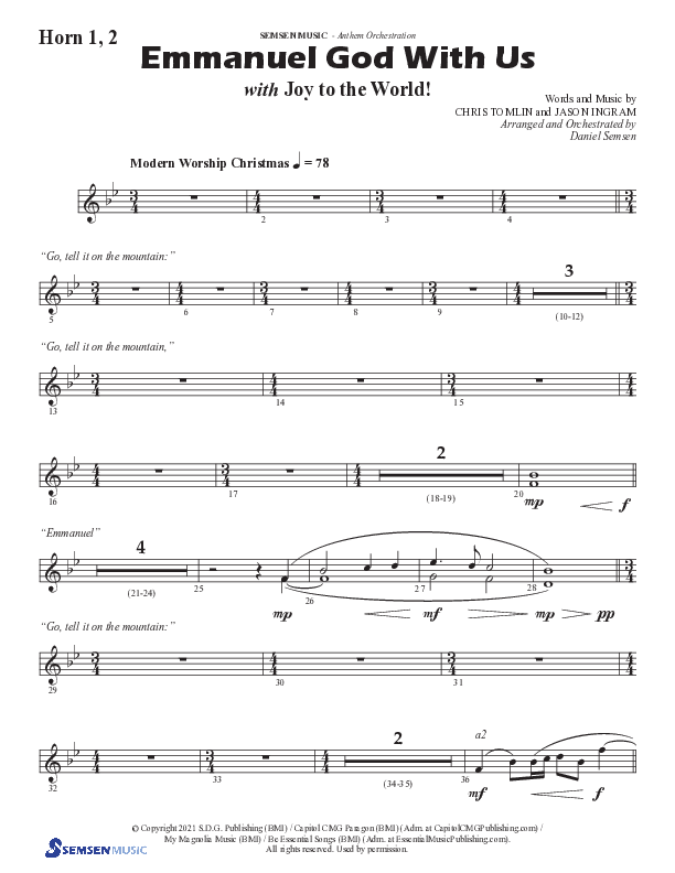 Emmanuel God With Us with Joy To The World (Choral Anthem SATB) French Horn 1/2 (Semsen Music / Arr. Daniel Semsen)