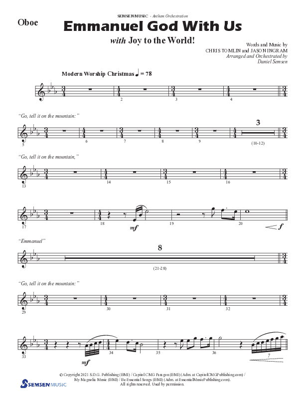 Emmanuel God With Us with Joy To The World (Choral Anthem SATB) Oboe (Semsen Music / Arr. Daniel Semsen)