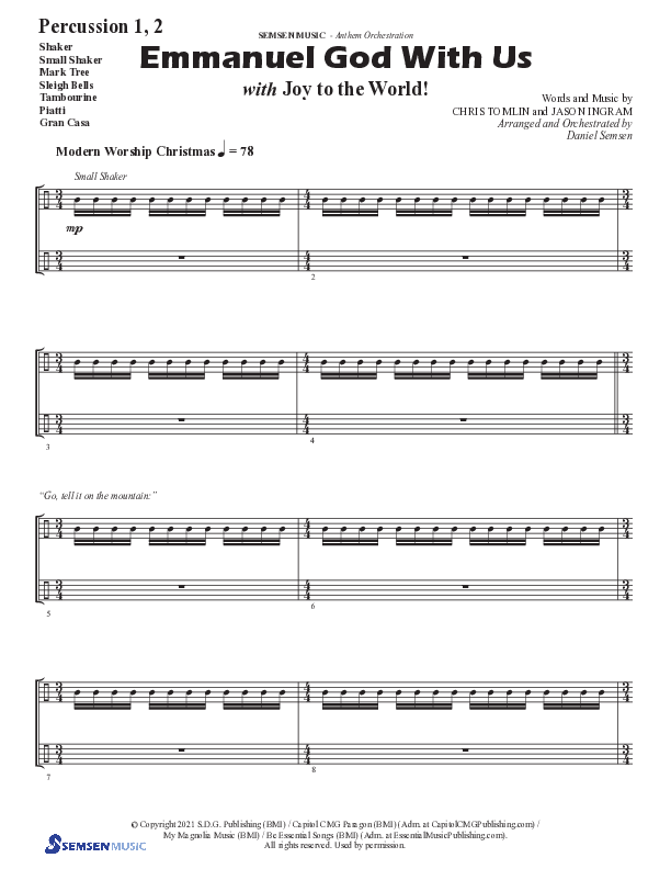 Emmanuel God With Us with Joy To The World (Choral Anthem SATB) Percussion (Semsen Music / Arr. Daniel Semsen)
