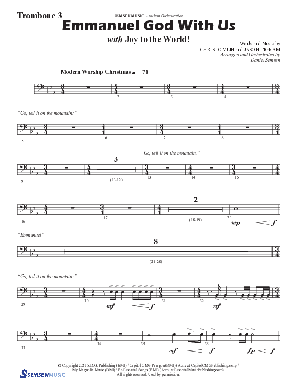 Emmanuel God With Us with Joy To The World (Choral Anthem SATB) Trombone 3 (Semsen Music / Arr. Daniel Semsen)