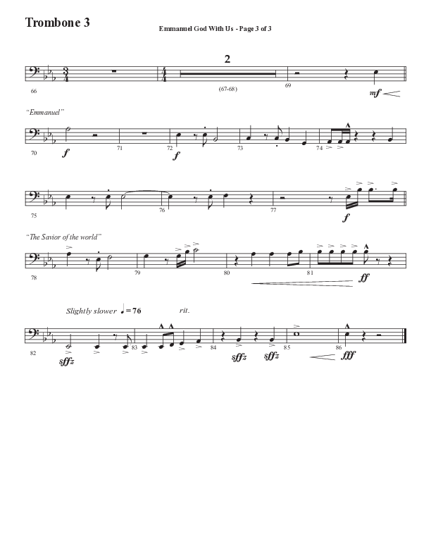 Emmanuel God With Us with Joy To The World (Choral Anthem SATB) Trombone 3 (Semsen Music / Arr. Daniel Semsen)