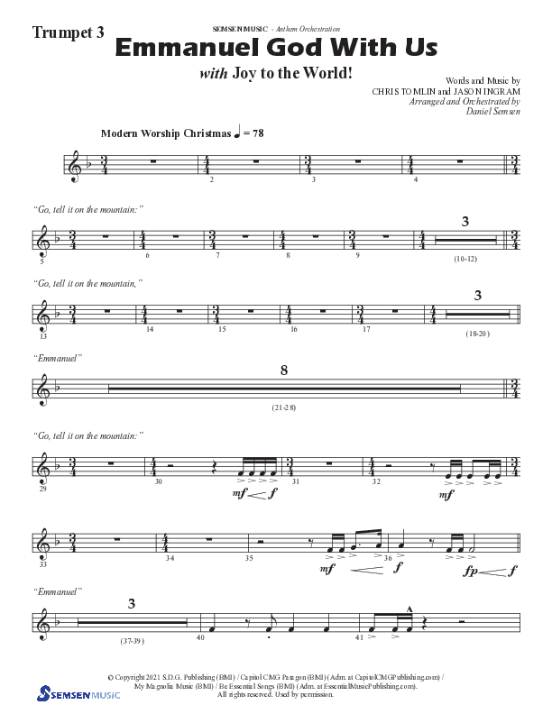 Emmanuel God With Us with Joy To The World (Choral Anthem SATB) Trumpet 3 (Semsen Music / Arr. Daniel Semsen)