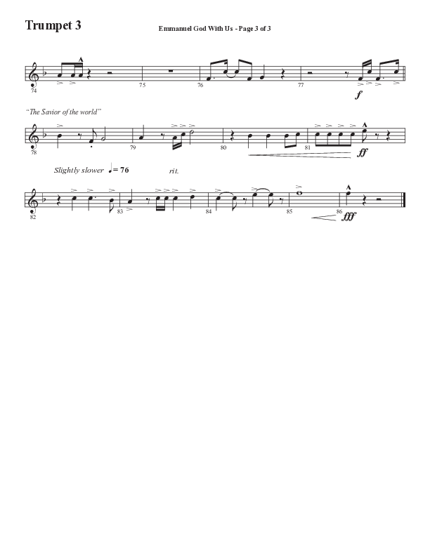 Emmanuel God With Us with Joy To The World (Choral Anthem SATB) Trumpet 3 (Semsen Music / Arr. Daniel Semsen)