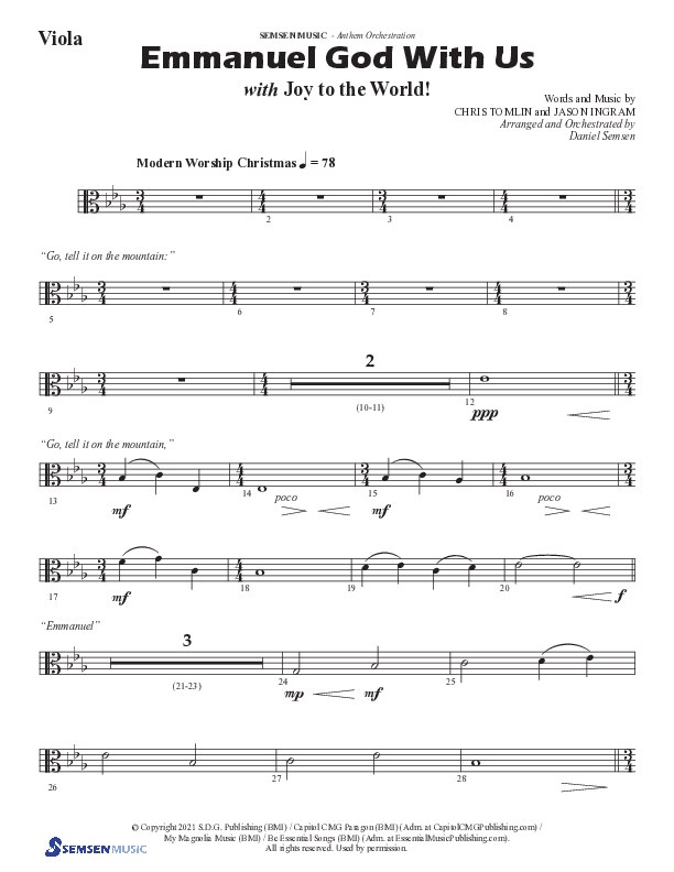 Emmanuel God With Us with Joy To The World (Choral Anthem SATB) Viola (Semsen Music / Arr. Daniel Semsen)