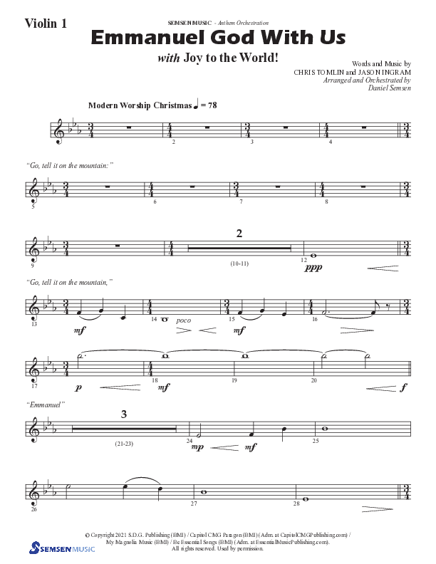 Emmanuel God With Us with Joy To The World (Choral Anthem SATB) Violin 1 (Semsen Music / Arr. Daniel Semsen)