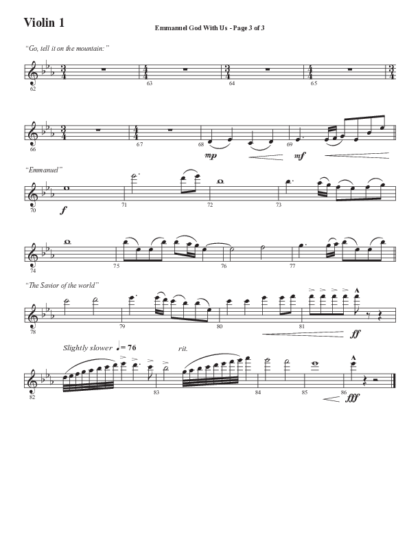 Emmanuel God With Us with Joy To The World (Choral Anthem SATB) Violin 1 (Semsen Music / Arr. Daniel Semsen)