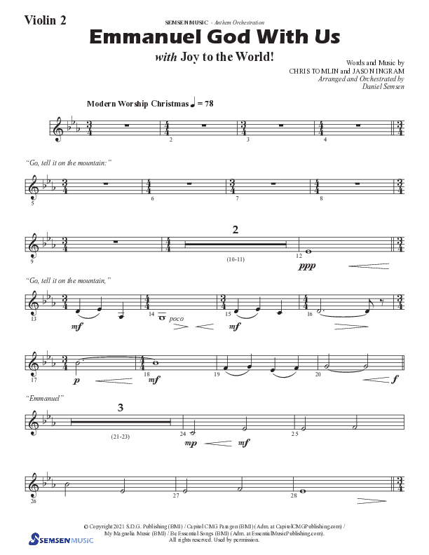 Emmanuel God With Us with Joy To The World (Choral Anthem SATB) Violin 2 (Semsen Music / Arr. Daniel Semsen)
