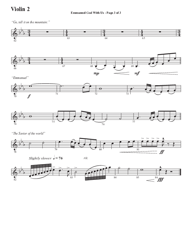 Emmanuel God With Us with Joy To The World (Choral Anthem SATB) Violin 2 (Semsen Music / Arr. Daniel Semsen)