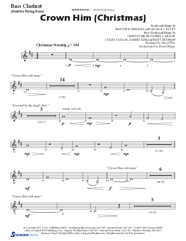 Crown Him (Christmas) (Choral Anthem SATB) Bass Clarinet (Semsen Music / Arr. David Wise / Orch. David Shipps)