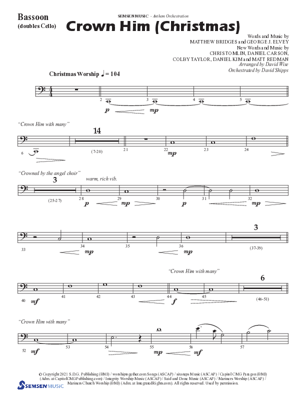Crown Him (Christmas) (Choral Anthem SATB) Bassoon (Semsen Music / Arr. David Wise / Orch. David Shipps)