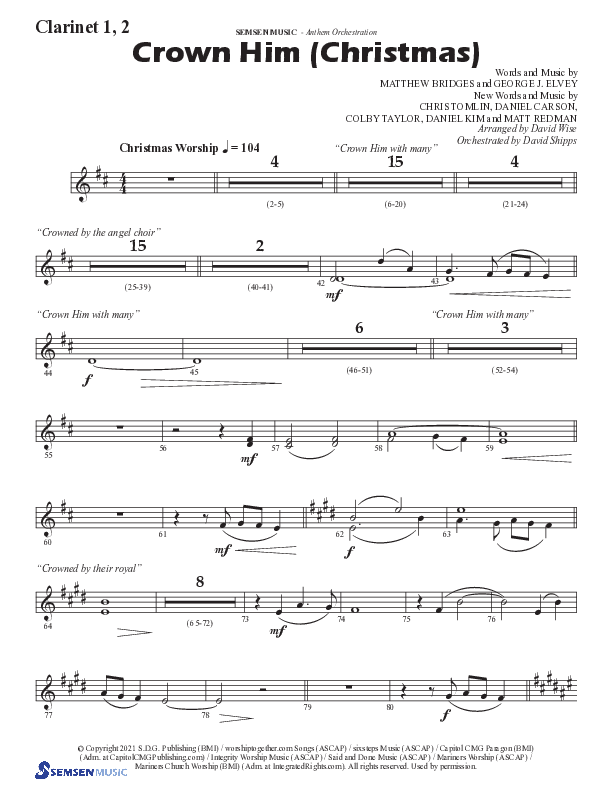 Crown Him (Christmas) (Choral Anthem SATB) Clarinet 1/2 (Semsen Music / Arr. David Wise / Orch. David Shipps)