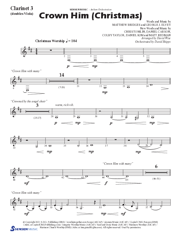 Crown Him (Christmas) (Choral Anthem SATB) Clarinet 3 (Semsen Music / Arr. David Wise / Orch. David Shipps)