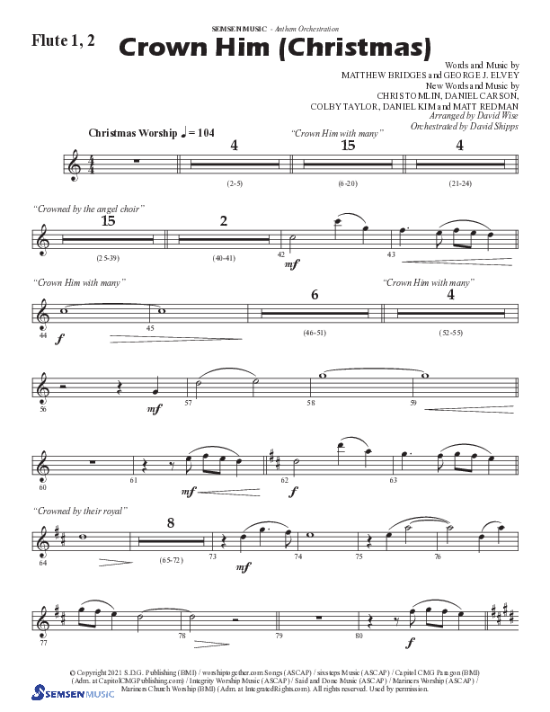 Crown Him (Christmas) (Choral Anthem SATB) Flute 1/2 (Semsen Music / Arr. David Wise / Orch. David Shipps)