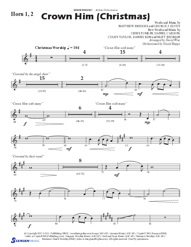 Crown Him (Christmas) (Choral Anthem SATB) French Horn 1/2 (Semsen Music / Arr. David Wise / Orch. David Shipps)