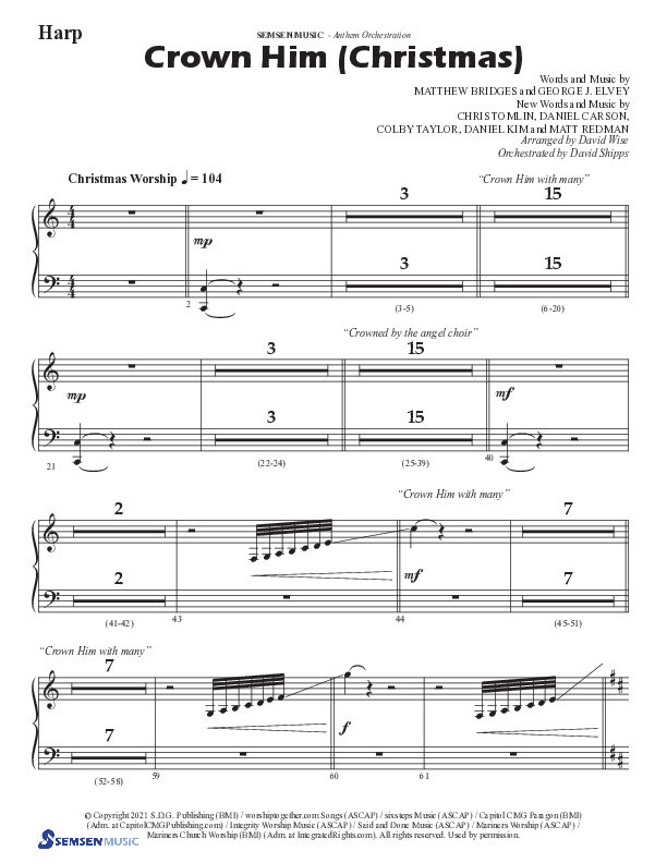 Crown Him (Christmas) (Choral Anthem SATB) Harp (Semsen Music / Arr. David Wise / Orch. David Shipps)