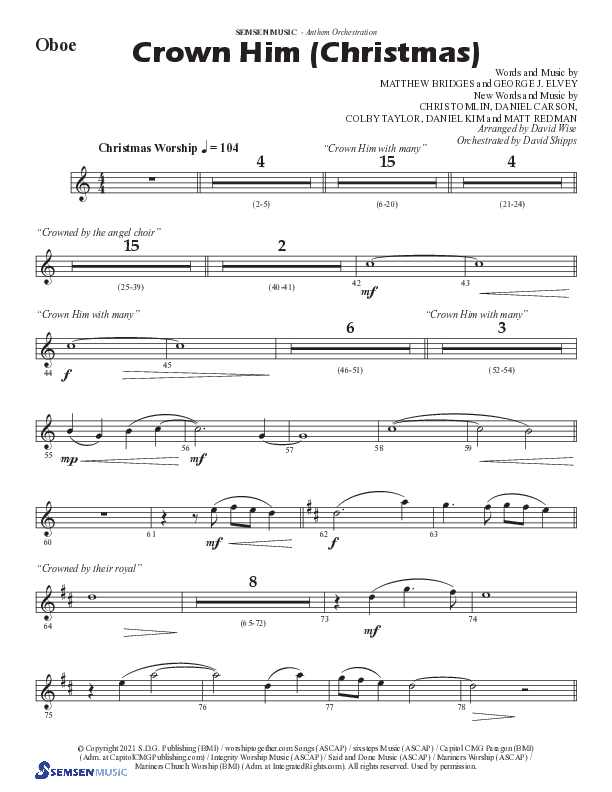 Crown Him (Christmas) (Choral Anthem SATB) Oboe (Semsen Music / Arr. David Wise / Orch. David Shipps)