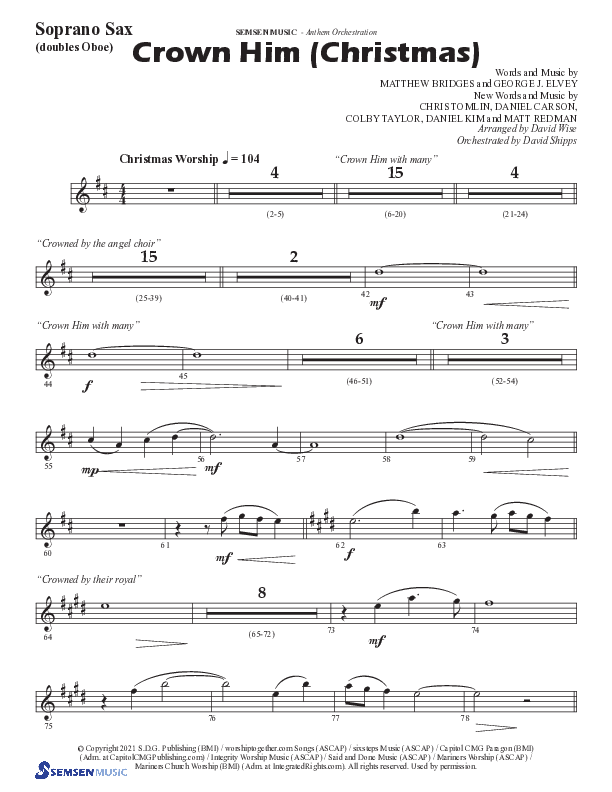Crown Him (Christmas) (Choral Anthem SATB) Soprano Sax (Semsen Music / Arr. David Wise / Orch. David Shipps)