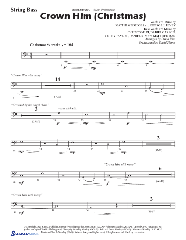 Crown Him (Christmas) (Choral Anthem SATB) String Bass (Semsen Music / Arr. David Wise / Orch. David Shipps)