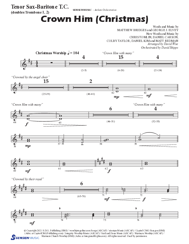 Crown Him (Christmas) (Choral Anthem SATB) Tenor Sax/Baritone T.C. (Semsen Music / Arr. David Wise / Orch. David Shipps)