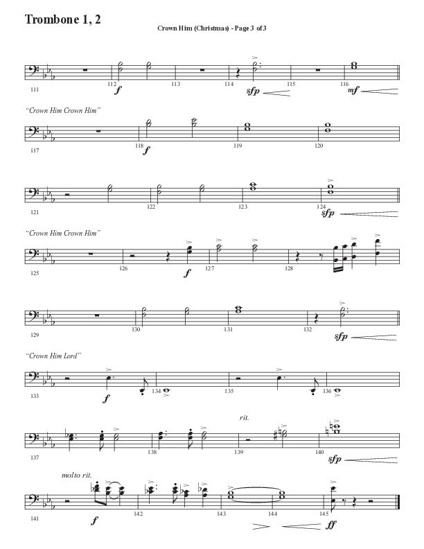 Crown Him (Christmas) (Choral Anthem SATB) Trombone 1/2 (Semsen Music / Arr. David Wise / Orch. David Shipps)