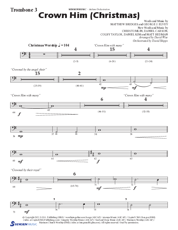 Crown Him (Christmas) (Choral Anthem SATB) Trombone 3 (Semsen Music / Arr. David Wise / Orch. David Shipps)