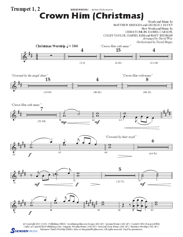 Crown Him (Christmas) (Choral Anthem SATB) Trumpet 1,2 (Semsen Music / Arr. David Wise / Orch. David Shipps)