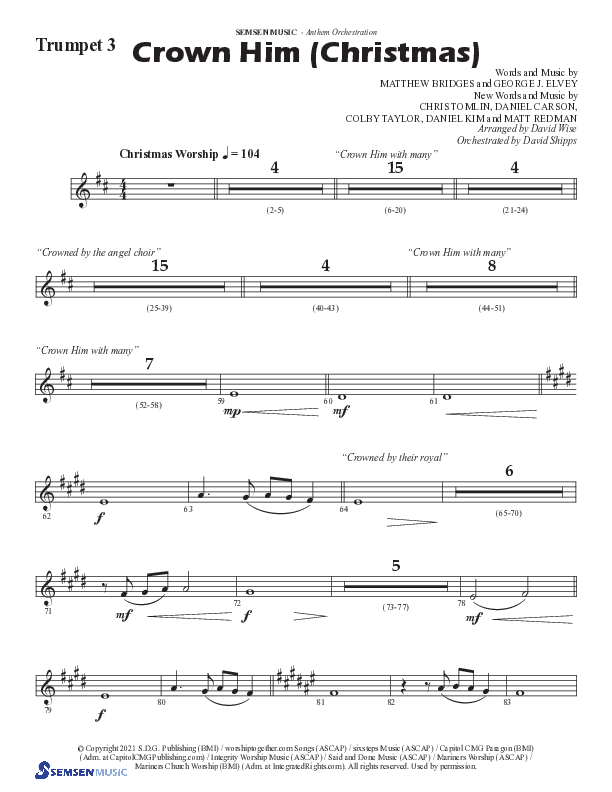Crown Him (Christmas) (Choral Anthem SATB) Trumpet 3 (Semsen Music / Arr. David Wise / Orch. David Shipps)