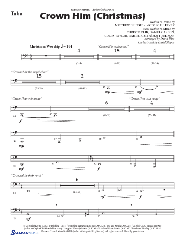 Crown Him (Christmas) (Choral Anthem SATB) Tuba (Semsen Music / Arr. David Wise / Orch. David Shipps)