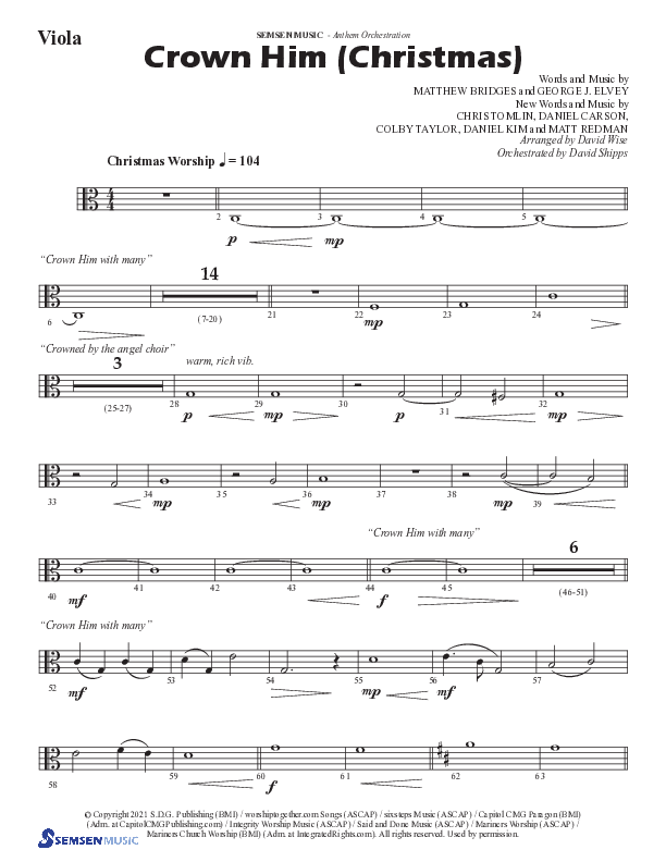 Crown Him (Christmas) (Choral Anthem SATB) Viola (Semsen Music / Arr. David Wise / Orch. David Shipps)