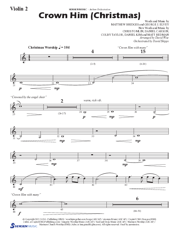 Crown Him (Christmas) (Choral Anthem SATB) Violin 2 (Semsen Music / Arr. David Wise / Orch. David Shipps)