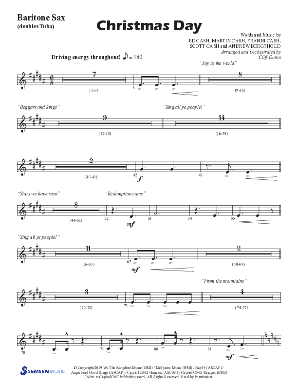 Christmas Day (Choral Anthem SATB) Bari Sax (Semsen Music / Arr. Cliff Duren)