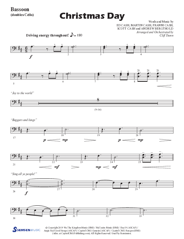 Christmas Day (Choral Anthem SATB) Bassoon (Semsen Music / Arr. Cliff Duren)