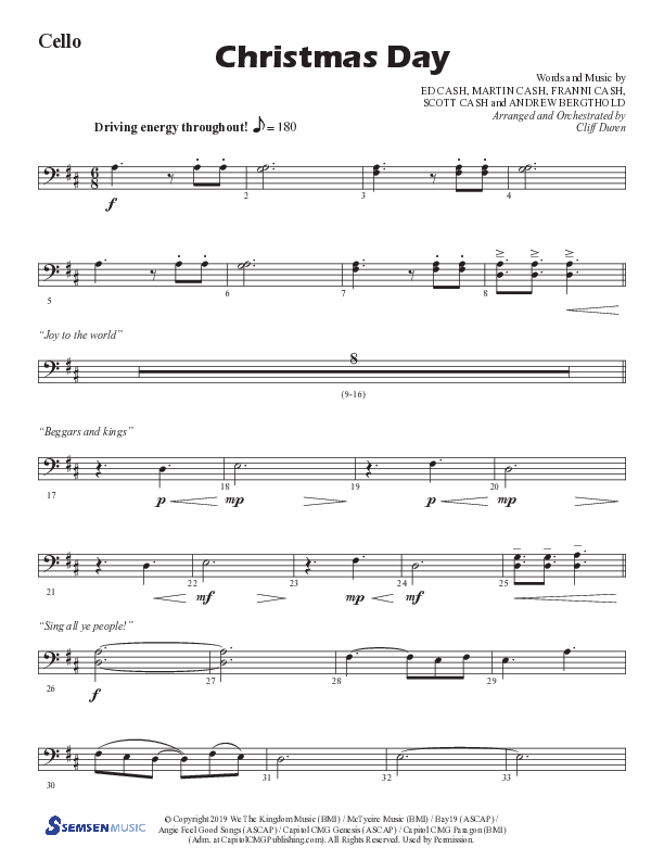 Christmas Day (Choral Anthem SATB) Cello (Semsen Music / Arr. Cliff Duren)