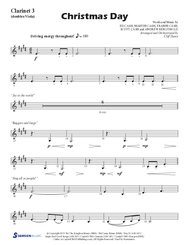 Christmas Day (Choral Anthem SATB) Clarinet 3 (Semsen Music / Arr. Cliff Duren)