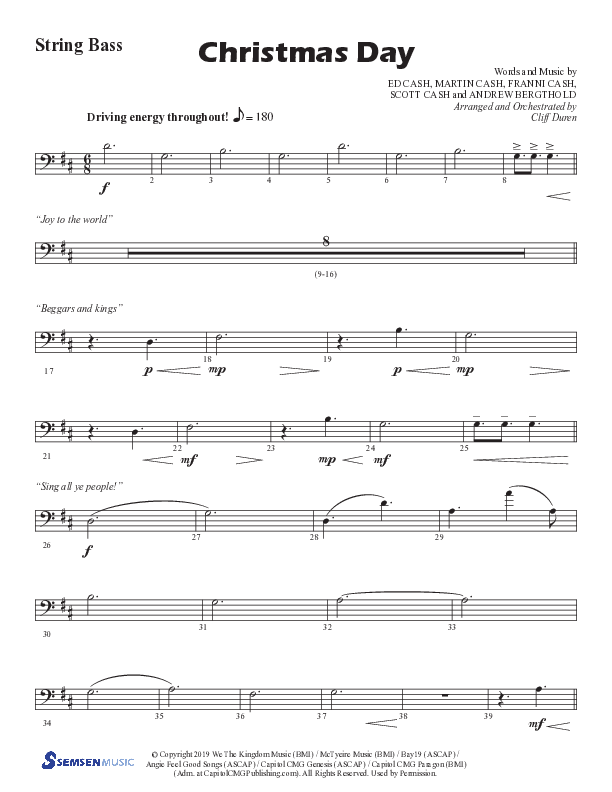 Christmas Day (Choral Anthem SATB) String Bass (Semsen Music / Arr. Cliff Duren)