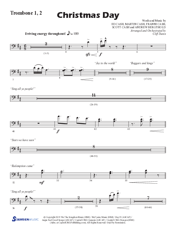 Christmas Day (Choral Anthem SATB) Trombone 1/2 (Semsen Music / Arr. Cliff Duren)